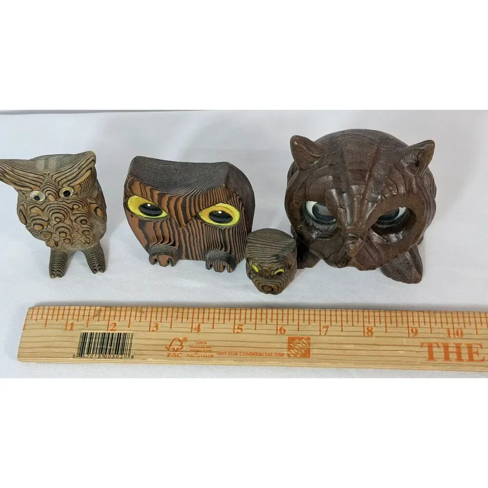 Vintage Cryptomeria Wood Carved Owl Lot of 4 Folk Art Big Eyes Woodland Forest